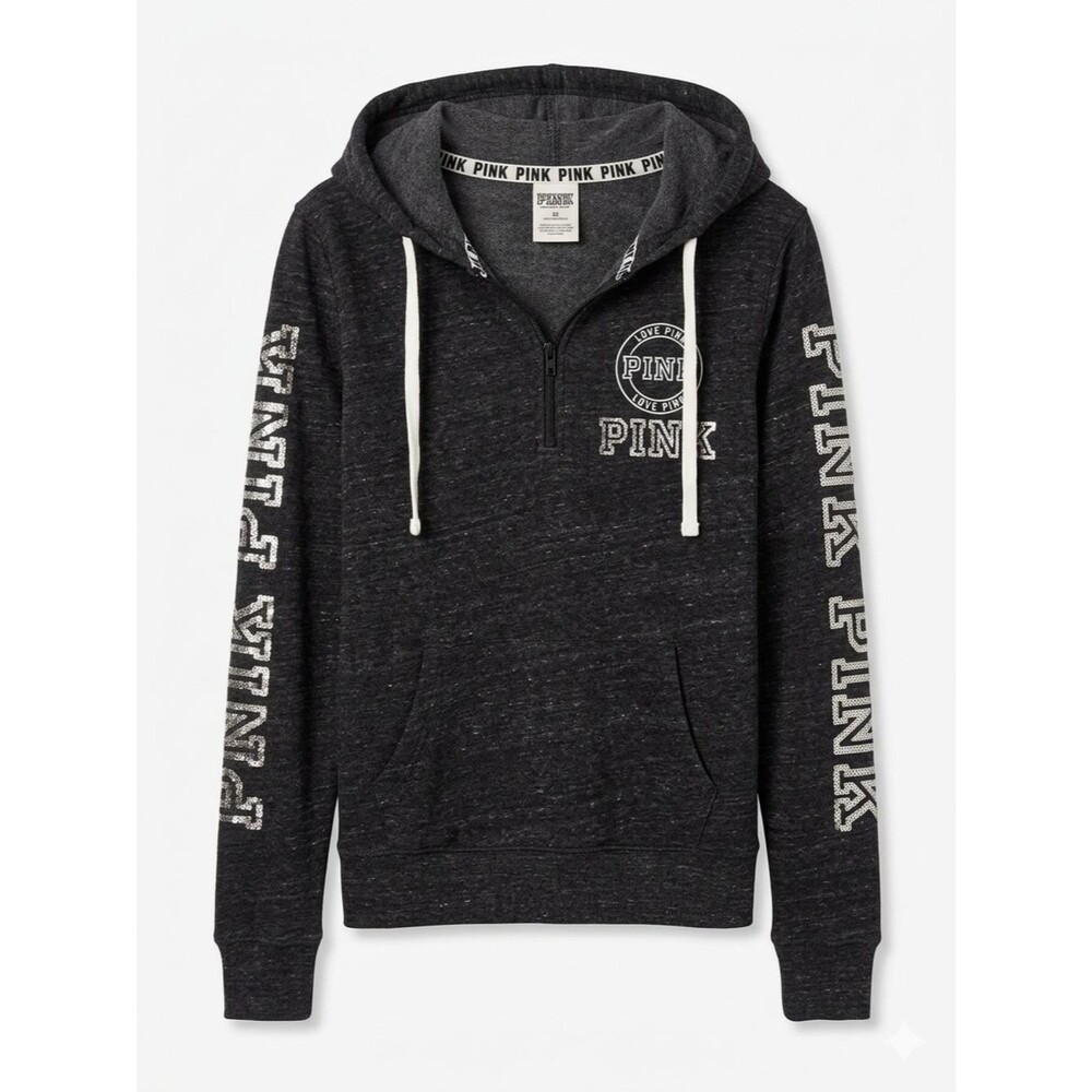 PINK Victoria's Secret Bling Coal Gray Quarter -Zip Sequins Hoodie Sweatshirt S